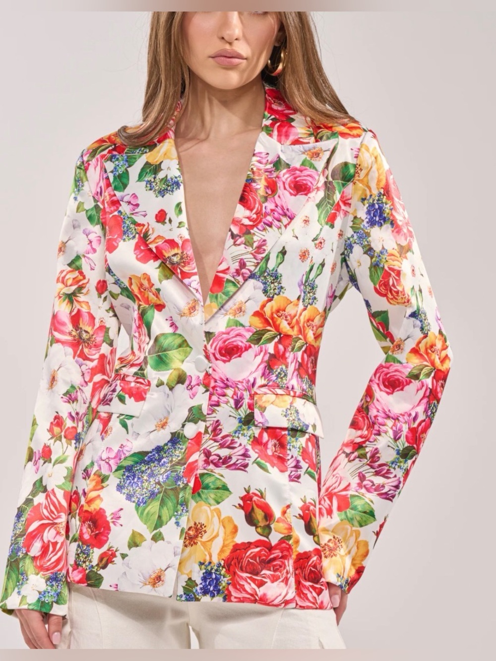 NWT AKIRA White satin Floral Blazer with Multicolor Roses size L